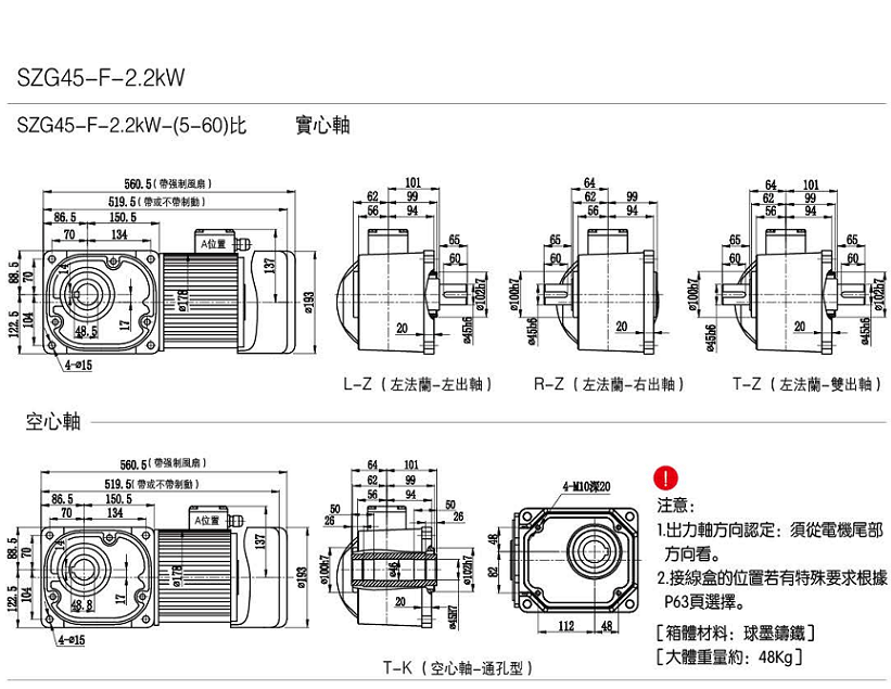 SZG45-F-2.2KW直角軸減速電機(jī)安裝尺寸圖