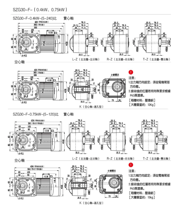 SZG30-F-0.4KW 0.75KW直交軸減速電機(jī)安裝尺寸圖