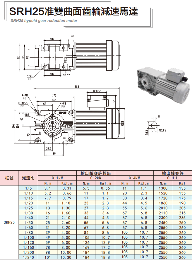 SRH25準雙曲面齒輪減速馬達圖紙及性能參數(shù)