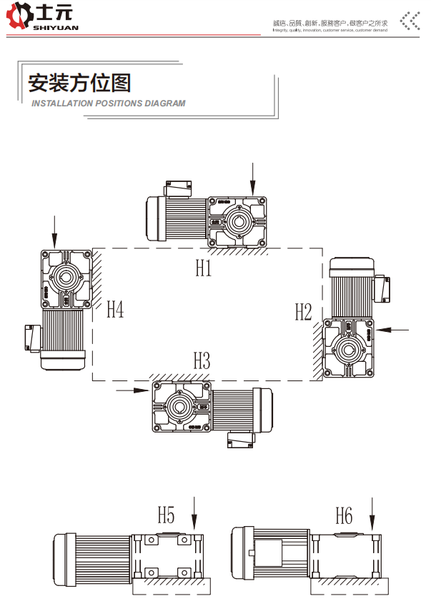 臺(tái)灣士元SRH型準(zhǔn)雙曲面齒輪減速馬達(dá)安裝方位圖