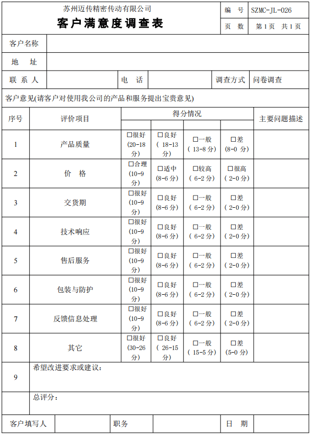 2021!蘇州邁傳減速機(jī)客戶滿意度調(diào)查表