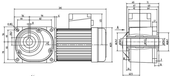 100W直角中空減速電機(jī) 輸出孔25 減速比60 士元減速機(jī)尺寸圖
