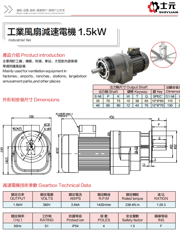 1.5KW工業(yè)風(fēng)扇減速電機(jī) 士元吊扇減速機(jī)