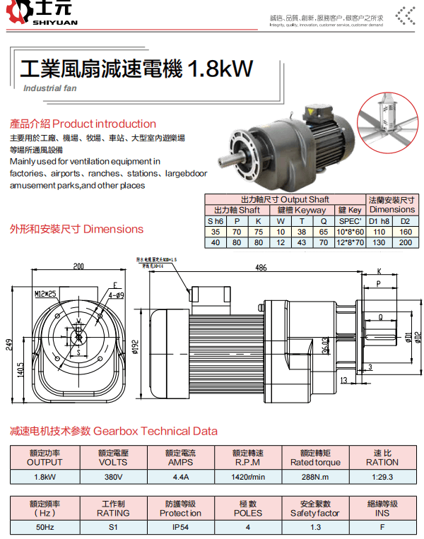 1.8KW工業(yè)風(fēng)扇減速電機(jī) 士元吊扇減速機(jī)