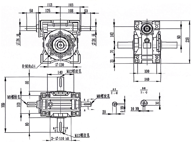 邁傳四軸減速機(jī) SJMRV090雙軸入 雙向輸出軸減速機(jī)外形圖